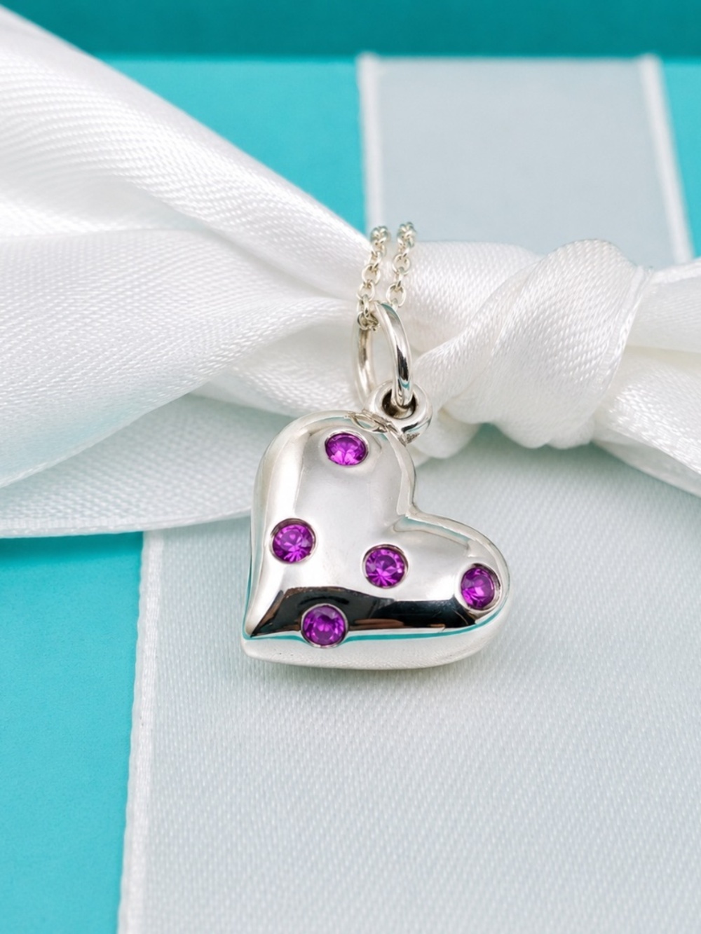 Tiffany Co Sterling Silver Etoile Pink Sapphire Puff Heart Pendant Necklace 16"